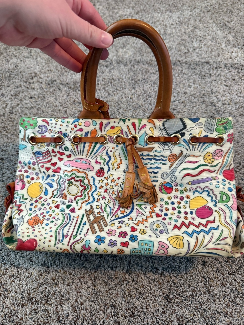 Dooney & Bourke White Graffiti Tassel Doodle Purse With Shoulder Strap